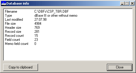 CDBF - DBF Viewer & Editor database info screen