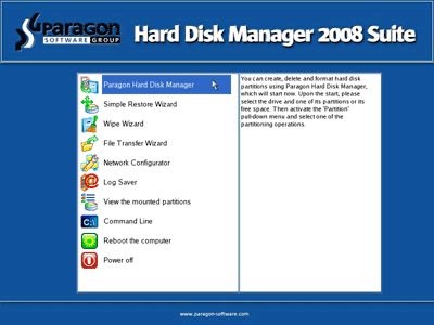 Paragon Hard Disk Manager 2008 bootable CD screen