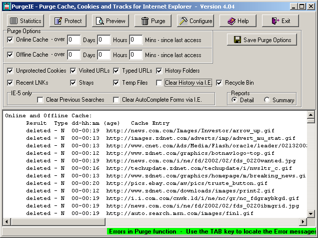 PurgeIE's Detailed Report Screen